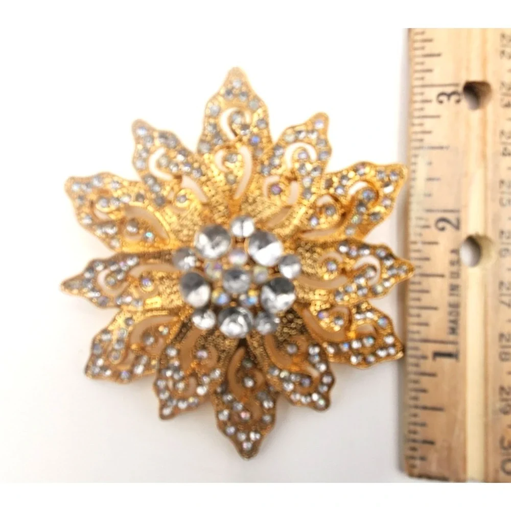 Vintage Sunburst Starburst Rhinestone Brooch AB Crystal Gold Tone 2.25